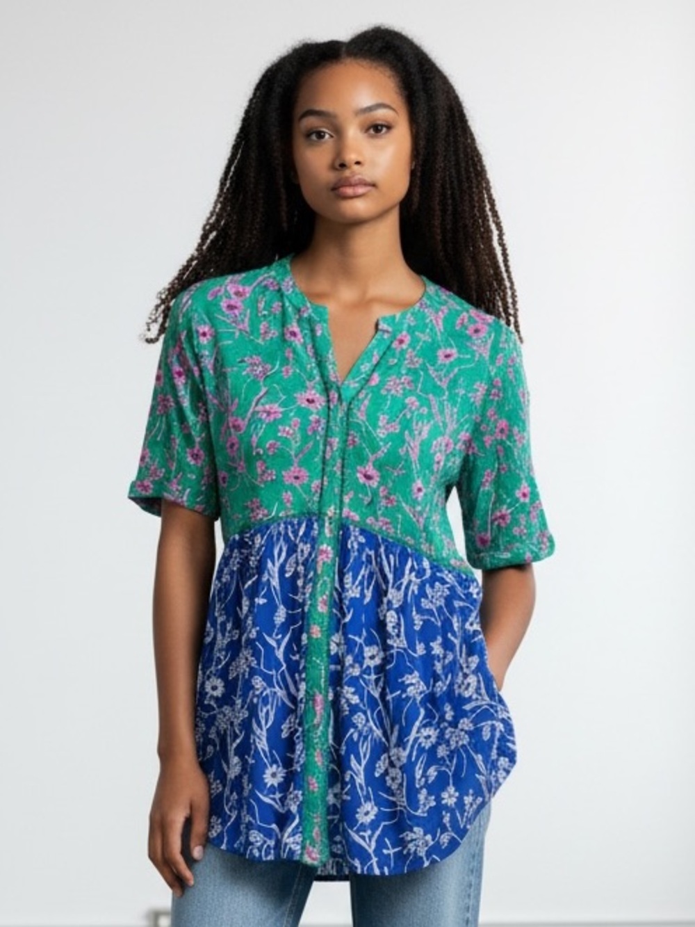 Anthropologie Akemi + Kin Veria Floral Two-Tone Button Front Top S Boho Tunic